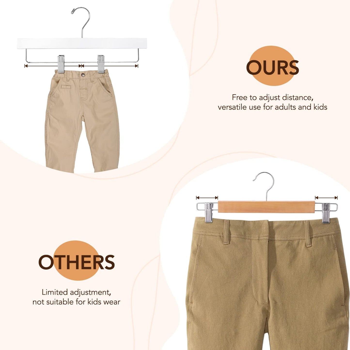 Facsco High-Grade Wooden Pants Hangers with Clips,14" Wooden Hangers for Pants, Skirt, 25 Pcs, White