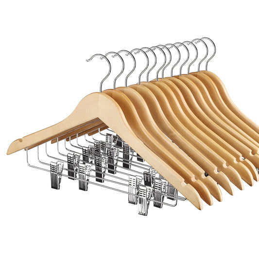 Facsco 12 Wood Hangers with Metal Clips, Clothes Hangers, Premium Coat Hanger, Natural